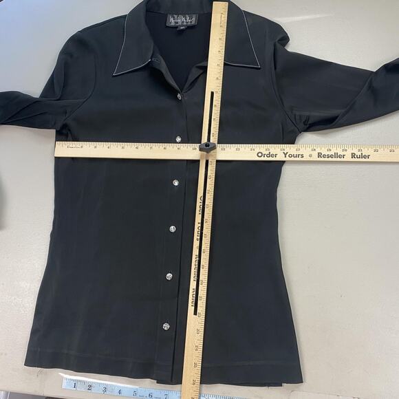 VTG Nicole Miller Stretch Satin Top 10 Large Black Crystal Button Glam Academia - Picture 7 of 13